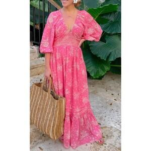 Free People Golden Hour Smocked Bodice Cotton Maxi Dress Pink XS Boho Summer